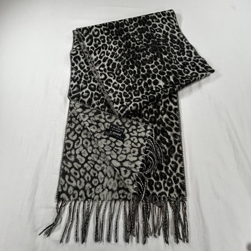 Fraas Cashmink Leopard Print Fringe Scarf Germany 11.5"x 70" Trendy Preppy Soft